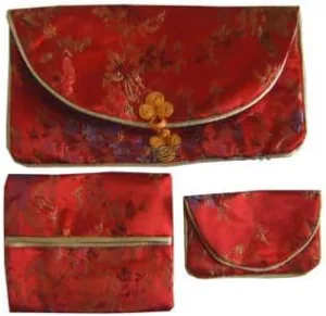 OUSIKA Chinese knot Silk Brocade Zipper 3 Sets Bags Women Travel Jewelry Cosmetic Packaging Bags Coin Purses Credit Card Holders Paper handkerchief Pouches ?) Bags (Color : Red)