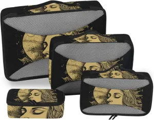 Packing Cube Set for Travel Celestial Woman Print, 4 Pcs Wide Zipper Opening Luggage Packing Organizers Travel Accessories for Organizing Clothing in Suitcases