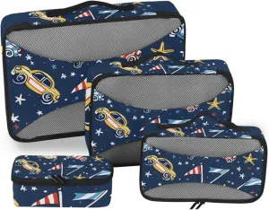 Packing Cubes for Travel 4 Set Race Car Racing Flag Blue Luggage Set Suitcase Organizer Bags Mesh Accessories Storage Pouch Toiletry Packing Cubes