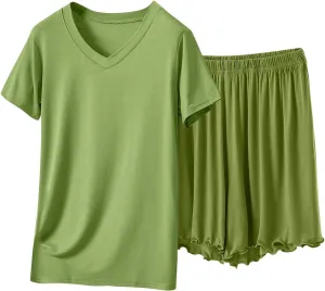 Pajama Sets for Women Soft Modal Shorts Sleepwear Summer Loose V Neck Short Sleeve Soft Loungewear Set 2 Piece Outfits
