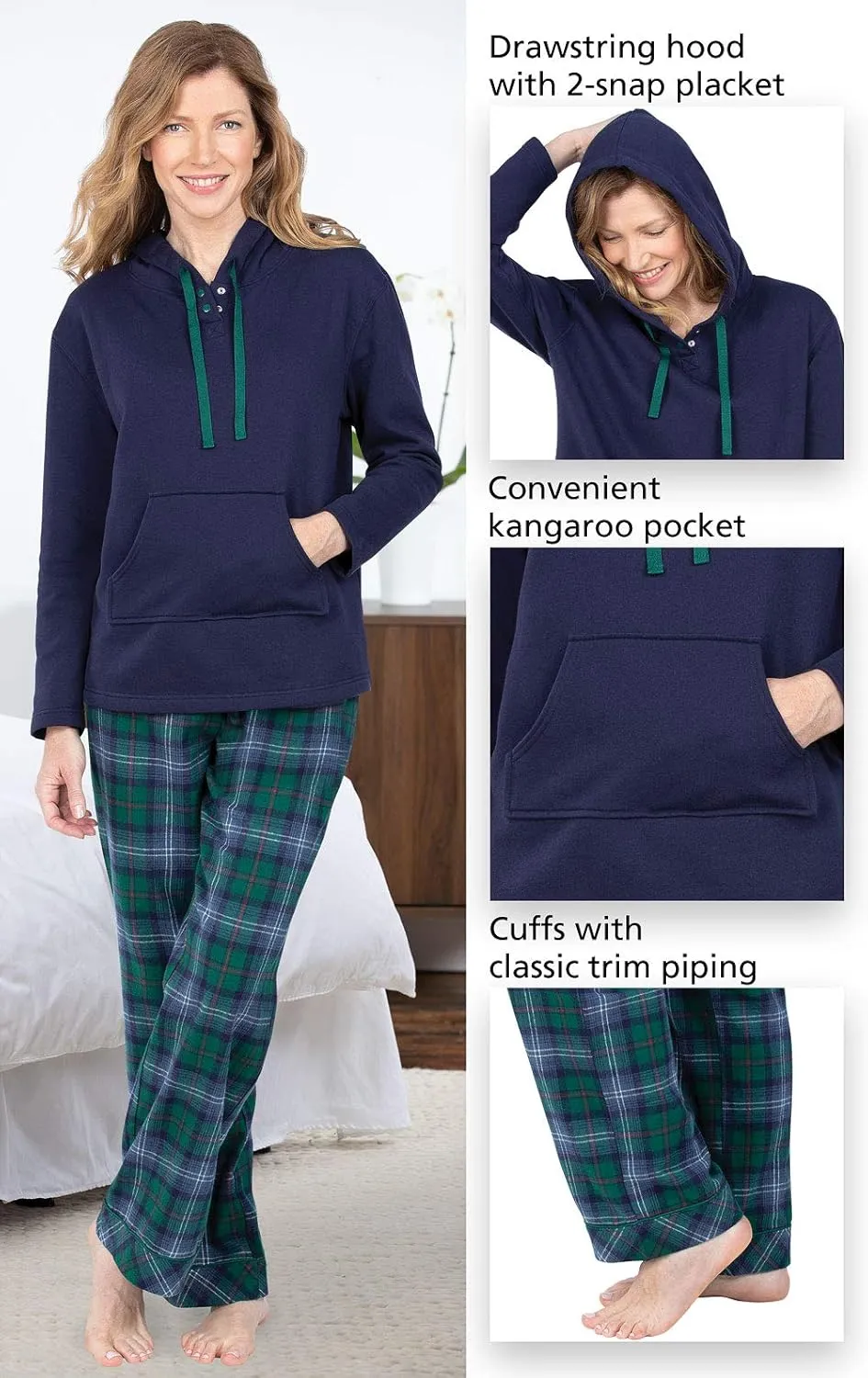 PajamaGram Womens Flannel Pajamas Sets - Pajamas for Women, Hoodie Top