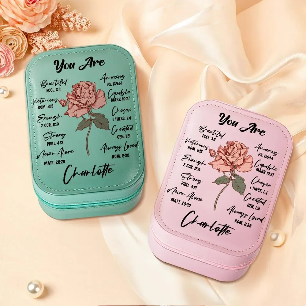 Personalized Christian Birth Flower Travel Makeup Bag With LED Mirror Leather, Custom Name Makeup Organizer Portable Jewelry Organizer Case Valentine's, Birthday, Christmas Gifts for Women