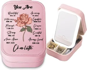Personalized Christian Birth Flower Travel Makeup Bag With LED Mirror Leather, Custom Name Makeup Organizer Portable Jewelry Organizer Case Valentine's, Birthday, Christmas Gifts for Women