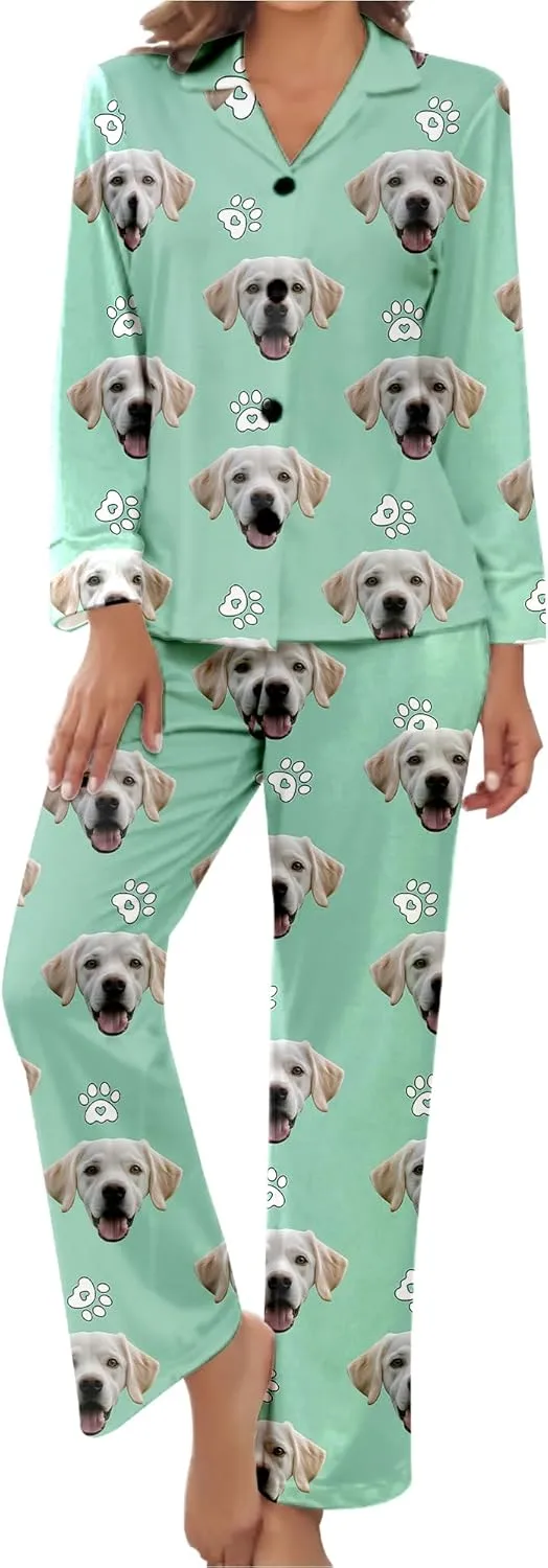 Personalized Pajamas For Women Set Custom Funny Pet Face Photo Pajamas Set Gifts Long Sleeve Button Down Sleepwear