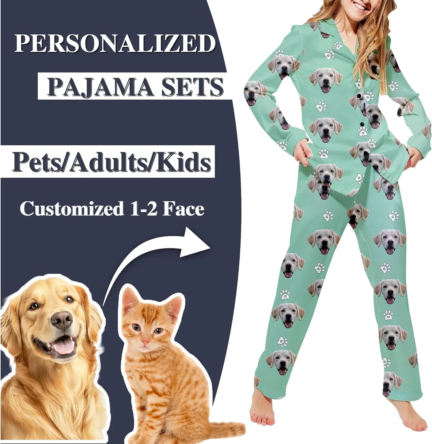 Personalized Pajamas For Women Set Custom Funny Pet Face Photo Pajamas Set Gifts Long Sleeve Button Down Sleepwear