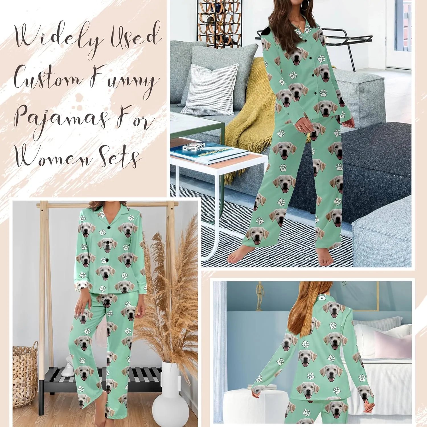 Personalized Pajamas For Women Set Custom Funny Pet Face Photo Pajamas Set Gifts Long Sleeve Button Down Sleepwear