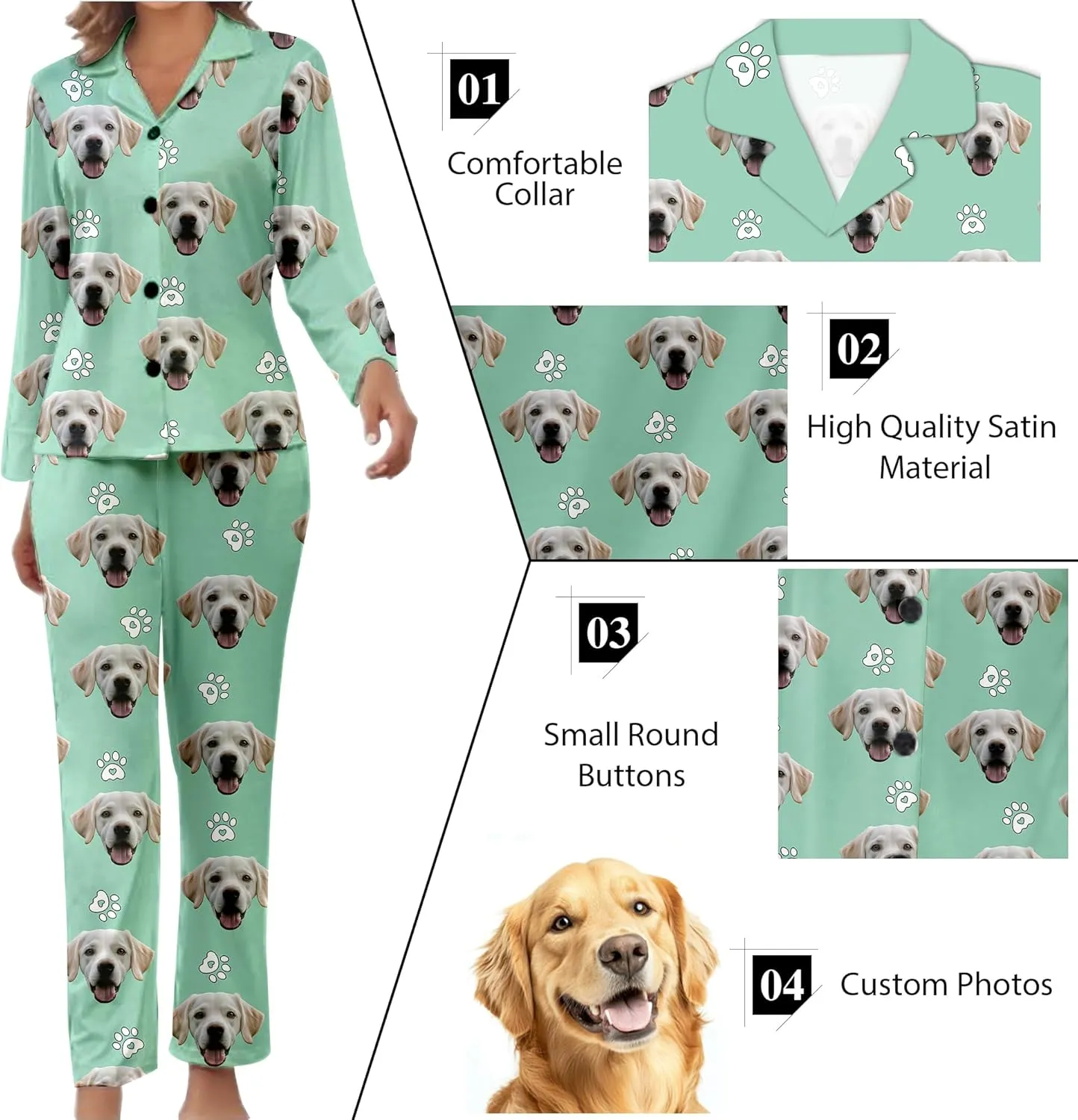Personalized Pajamas For Women Set Custom Funny Pet Face Photo Pajamas Set Gifts Long Sleeve Button Down Sleepwear
