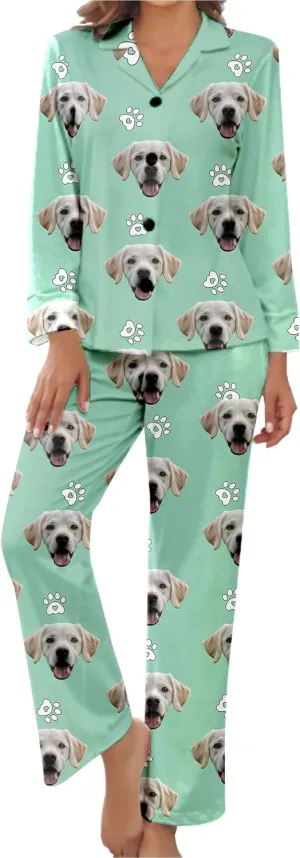 Personalized Pajamas For Women Set Custom Funny Pet Face Photo Pajamas Set Gifts Long Sleeve Button Down Sleepwear