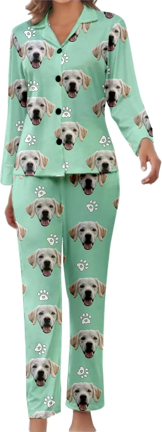 Personalized Pajamas For Women Set Custom Funny Pet Face Photo Pajamas Set Gifts Long Sleeve Button Down Sleepwear