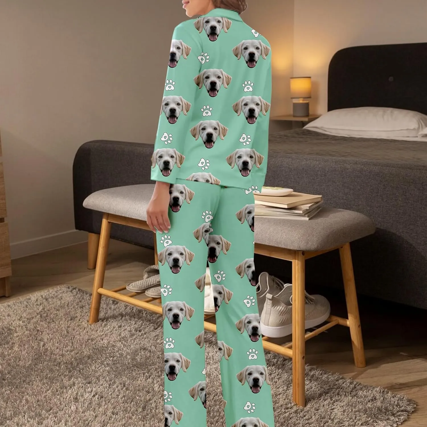 Personalized Pajamas For Women Set Custom Funny Pet Face Photo Pajamas Set Gifts Long Sleeve Button Down Sleepwear