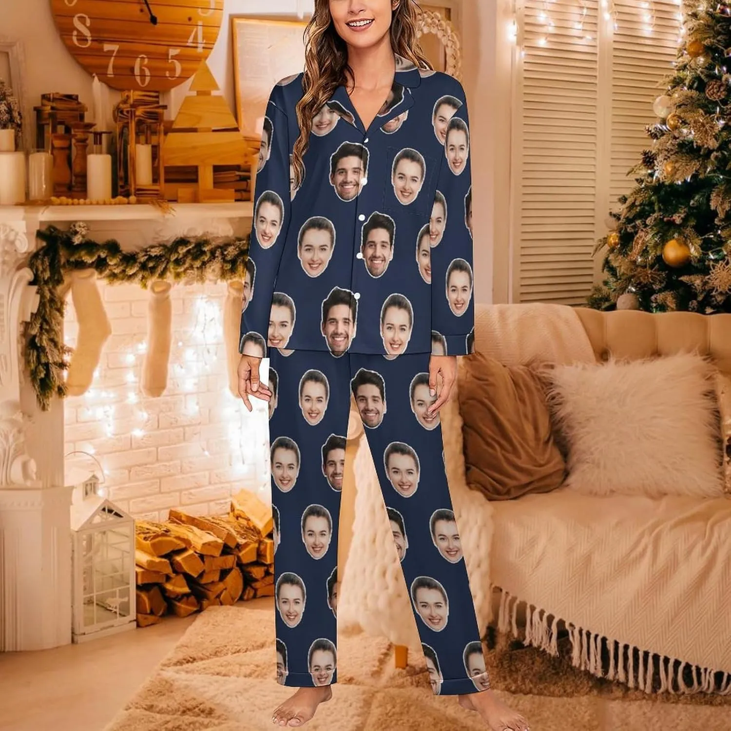 Personalized Pajamas Set with Photo, Custom Pajamas Button Down Matching Couples Pajamas Gift for Women Men Christmas