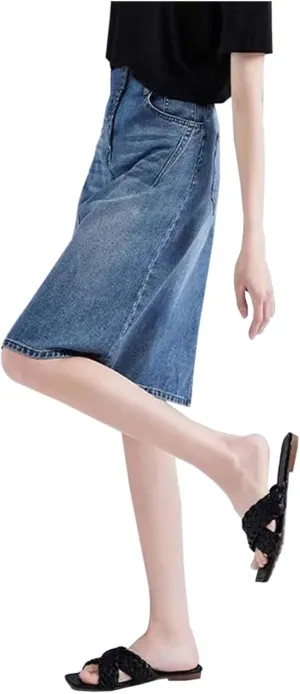 Pleated Skirts for Women Vintage High Waisted Denim Skirt Plus Size Casual Slimming A Line Midi Split Skirt for