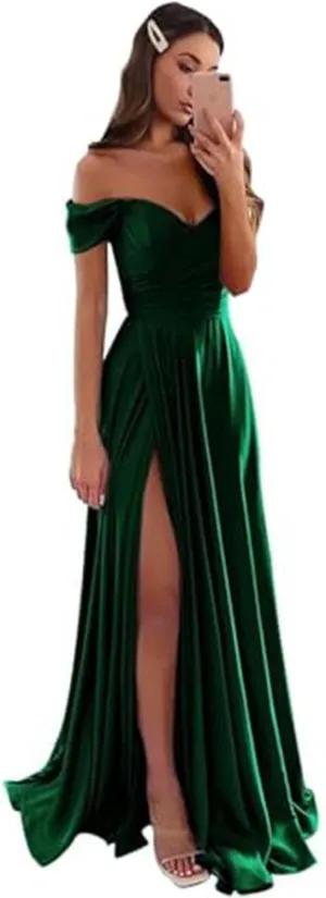 POMUYOO Satin Bridesmaid Dresses for Women Off The Shoulder Prom Dresses A Line Pleated Long Formal Evening Gowns YG255