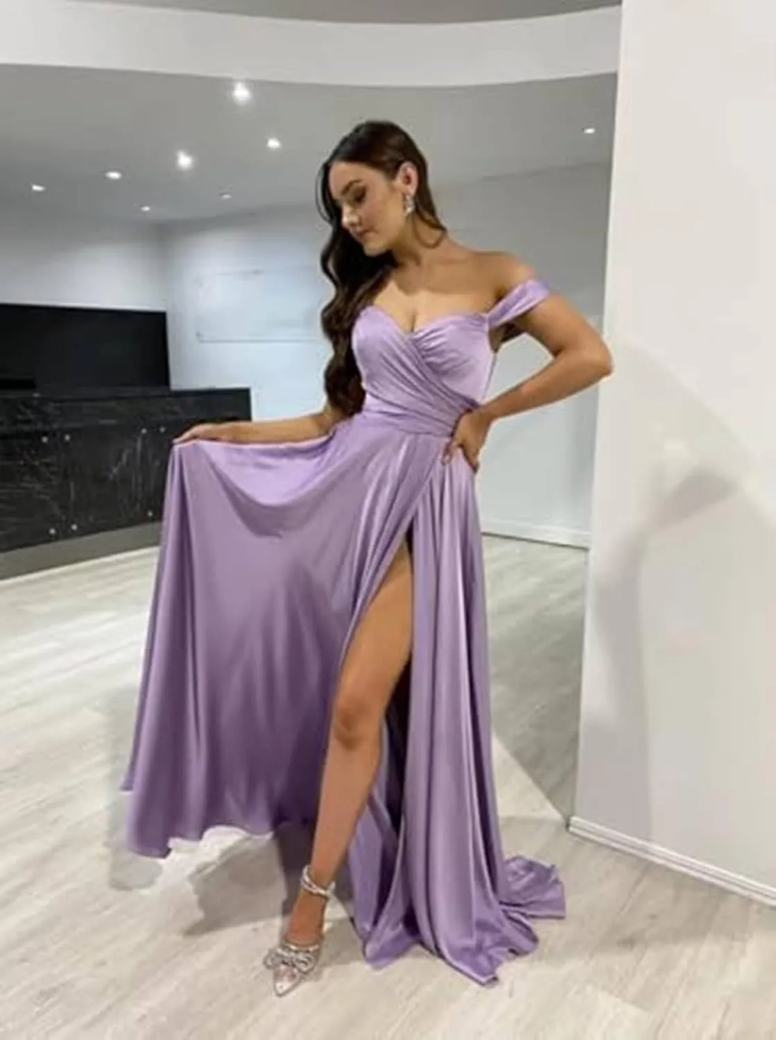 POMUYOO Satin Bridesmaid Dresses for Women Off The Shoulder Prom Dresses A Line Pleated Long Formal Evening Gowns YG255