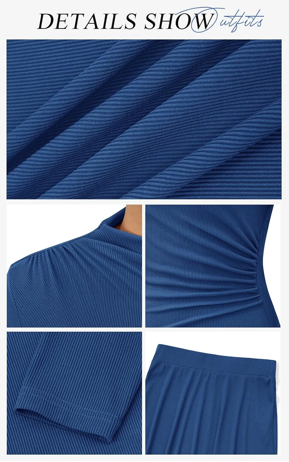 PRETTYGARDEN Long Sleeve Two Piece Skirt Sets Women 2 Piece Outfits Casual Ribbed Knit Mock Neck Ruched Top Swing Maxi Skirts