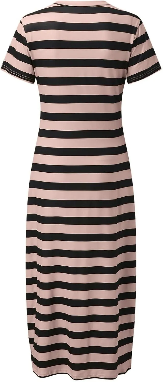 PTOLOCIF Summer Dress for Womens Fashion Short Sleeve Maxi Dress Casual Striped T Shirt Dress Long Color Block Maxi Dress