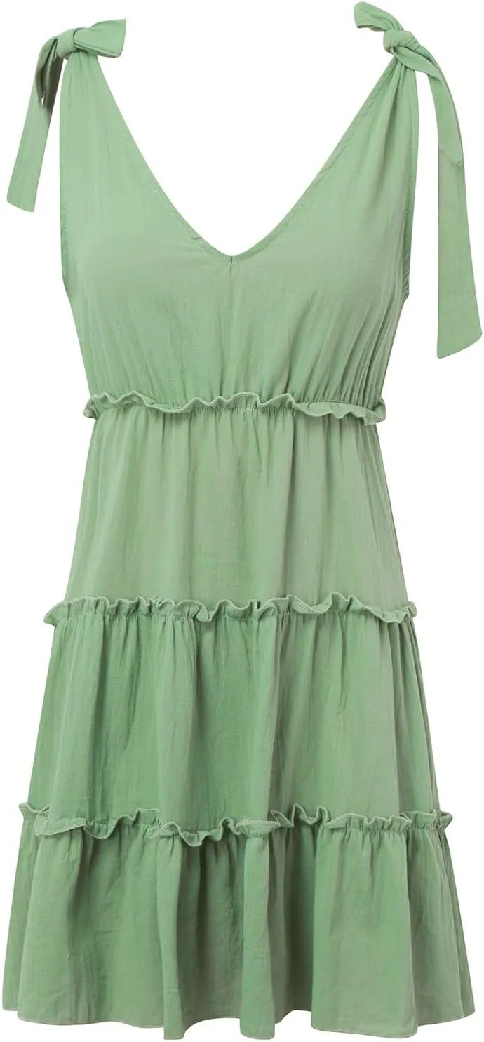 PTOLOCIF Women's Casual V Neck Sleeveless Mini Dress Tie Shoulder Width Layered Ruffles Flowing A Party Casual Dresses