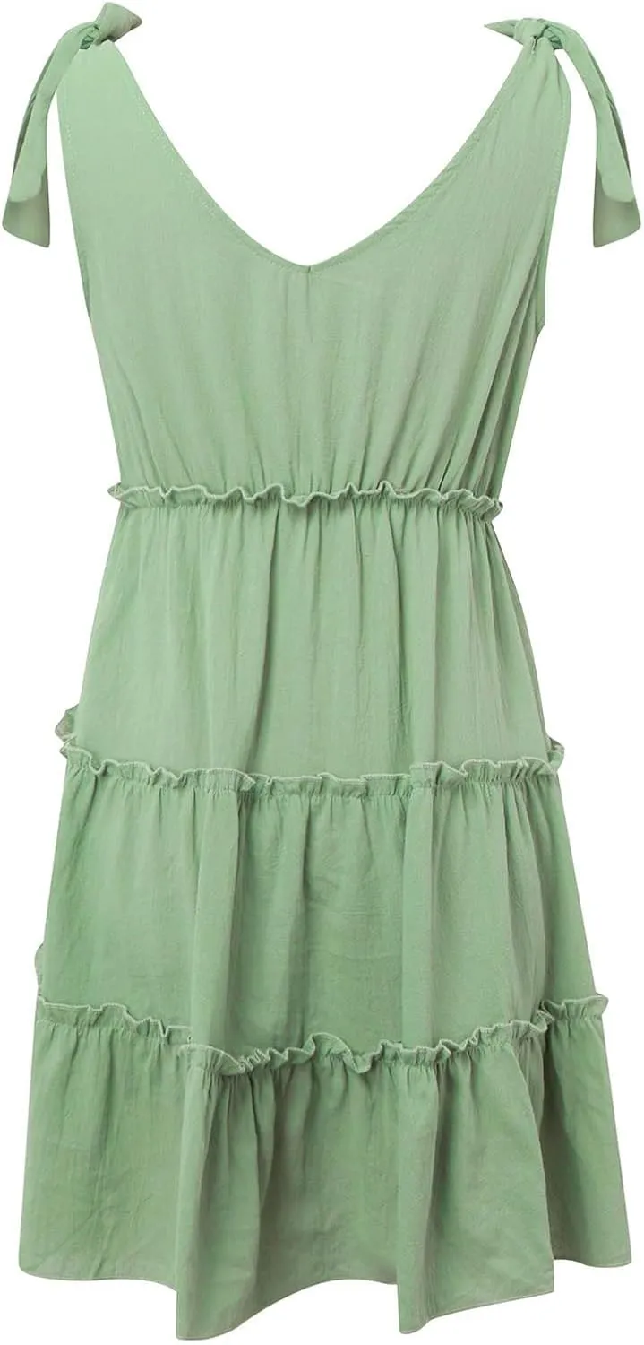 PTOLOCIF Women's Casual V Neck Sleeveless Mini Dress Tie Shoulder Width Layered Ruffles Flowing A Party Casual Dresses