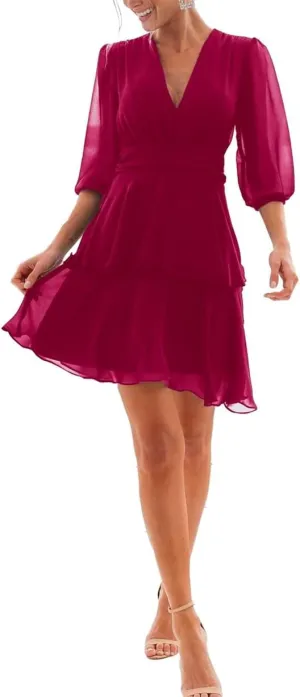 Puffy Long Sleeves Country Princess Bridesmaid Dresses Short V Neck Chiffon Formal Evening Maxi Gowns EZ088