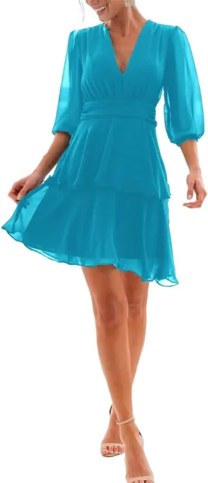 Puffy Long Sleeves Country Princess Bridesmaid Dresses Short V Neck Chiffon Formal Evening Maxi Gowns EZ088