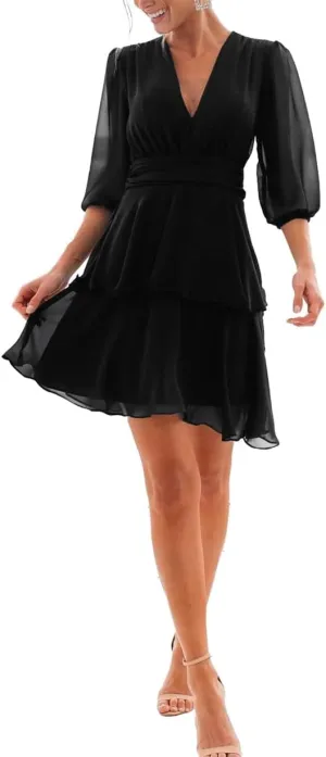 Puffy Long Sleeves Country Princess Bridesmaid Dresses Short V Neck Chiffon Formal Evening Maxi Gowns EZ088