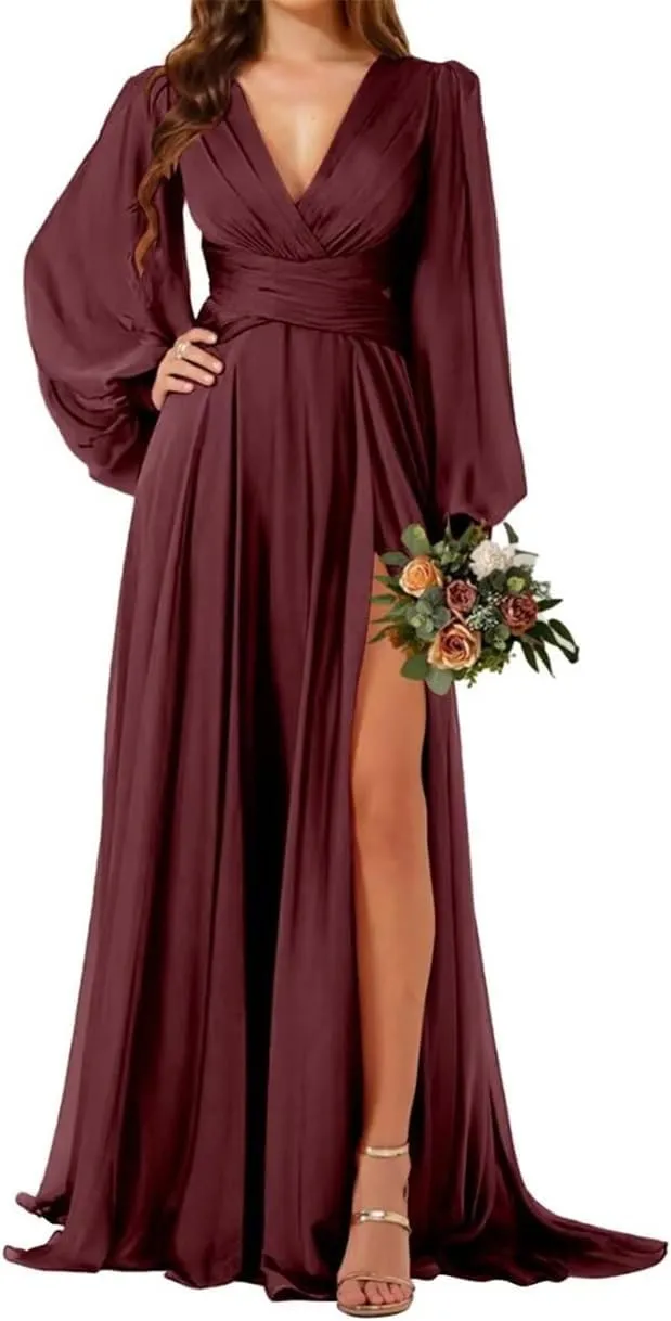 Puffy Long Sleeves Country Princess Bridesmaid Dresses V Neck Chiffon Formal Evening Maxi Gowns with Slit Sash EZ126