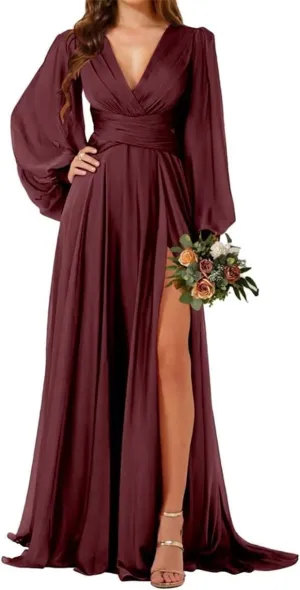 Puffy Long Sleeves Country Princess Bridesmaid Dresses V Neck Chiffon Formal Evening Maxi Gowns with Slit Sash EZ126
