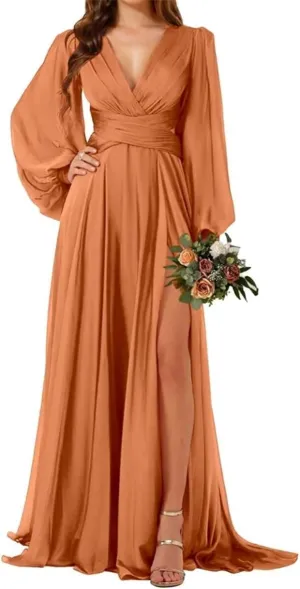 Puffy Long Sleeves Country Princess Bridesmaid Dresses V Neck Chiffon Formal Evening Maxi Gowns with Slit Sash EZ126