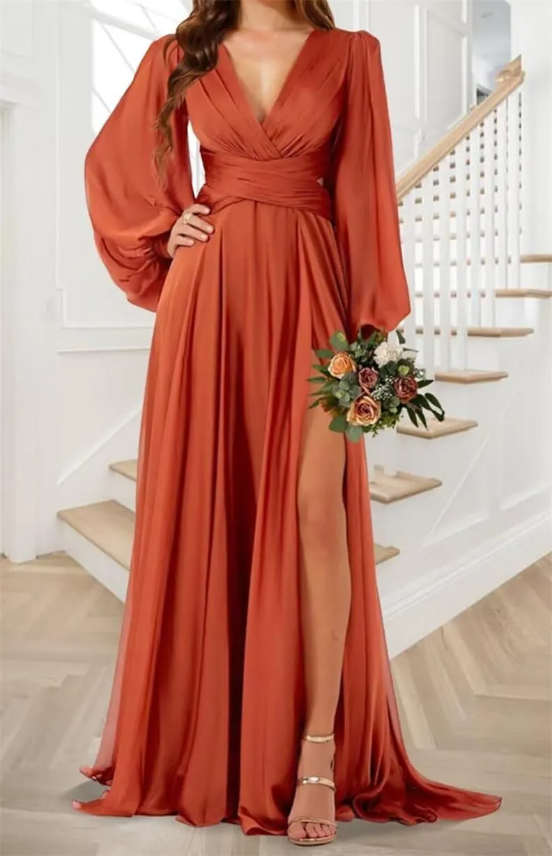 Puffy Long Sleeves Country Princess Bridesmaid Dresses V Neck Chiffon Formal Evening Maxi Gowns with Slit Sash EZ126