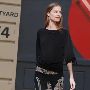 Pull-Tie Cuff Blouson Top - Black
