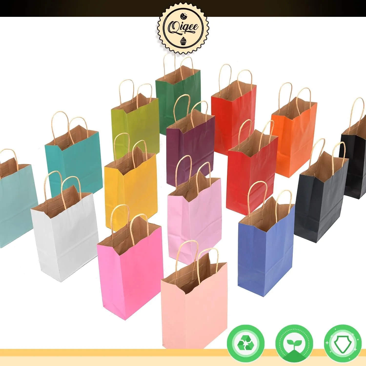 qiqee 32-Packs Paper Bags with Handles Bulk 7.6"x4.75"x10.5" Medium Gift Bags 16 Different Senior Color Bags Multiple UsesMedium Size
