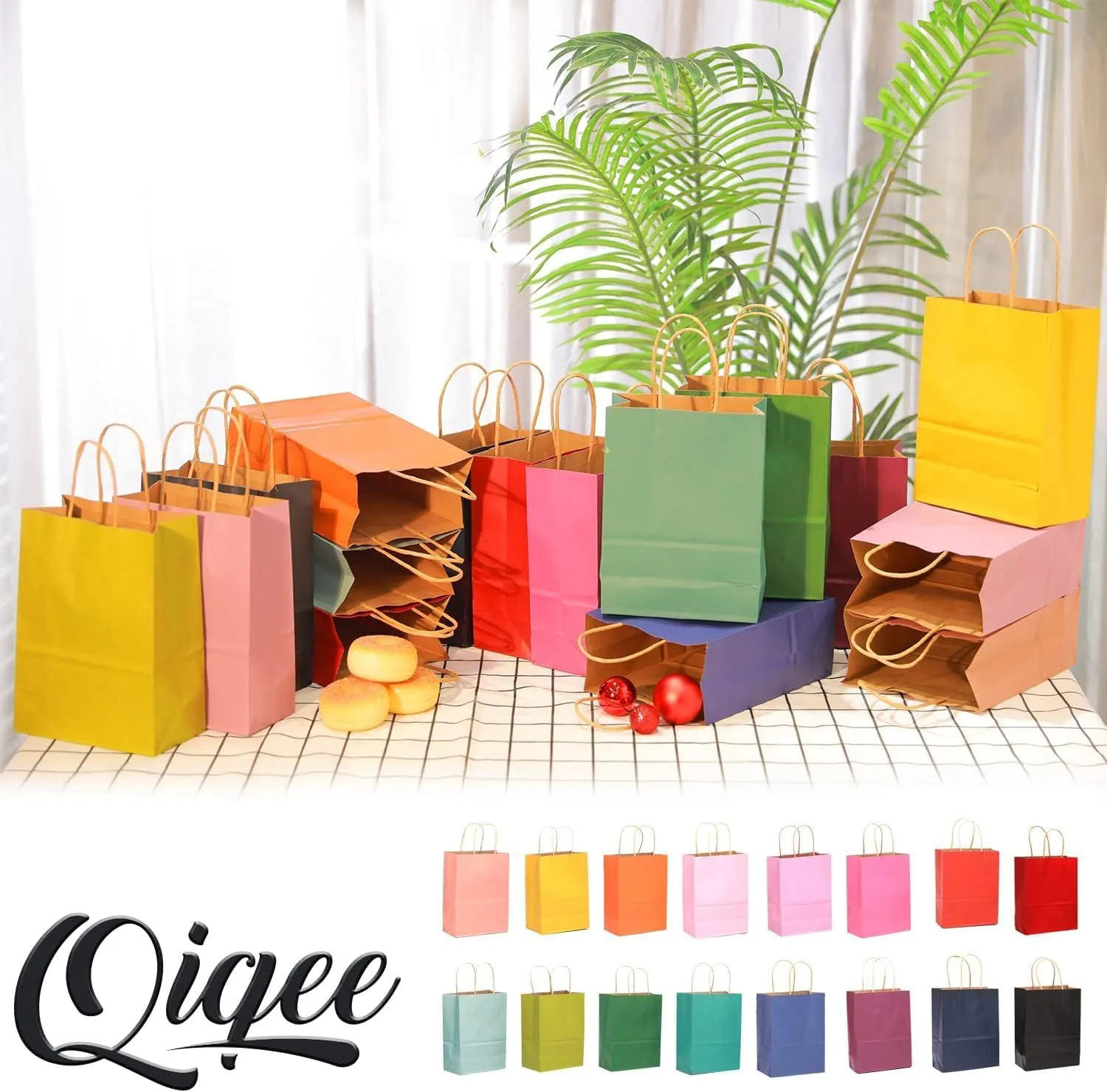 qiqee 32-Packs Paper Bags with Handles Bulk 7.6"x4.75"x10.5" Medium Gift Bags 16 Different Senior Color Bags Multiple UsesMedium Size
