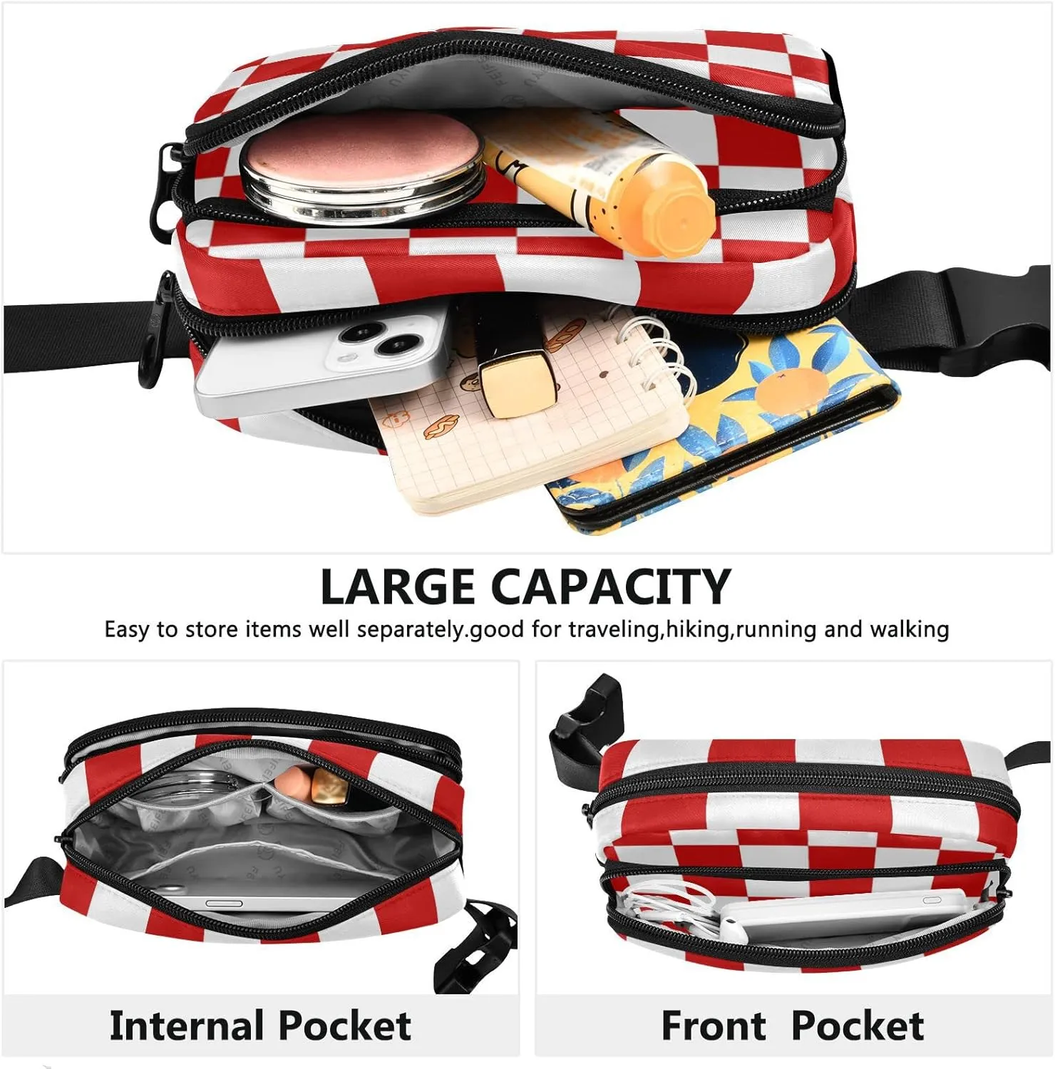 Red Plaid Fanny Packs for Women Crossbody Bags Everywhere Belt Bag with Adjustable Strap Fashion Waist Pack for Travel Daily Running