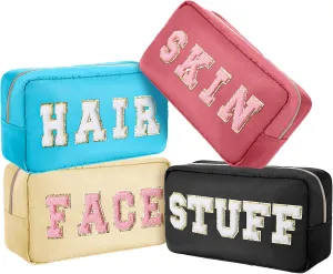 Remerry 4 Pcs Makeup Bags Travel Cosmetic Bags Organization Chenille Letter Toiletries Stuff Pouch Preppy Waterproof Gift for Women Girl Teen (Retro,Face Skin Hair Stuff)