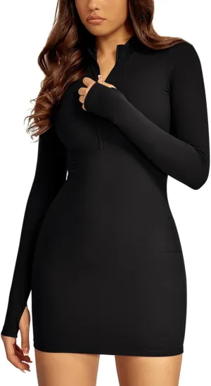 REORIA Womens Fall Casual Front Zipper Long Sleeve Dress Trendy Bodycon Mini Dresses for Women 2025