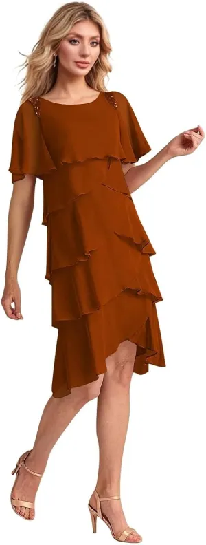 Ruffled Tiered Mother of The Bride Dresses for Women Chiffon Short Wedding Guest Dress with Sleeves