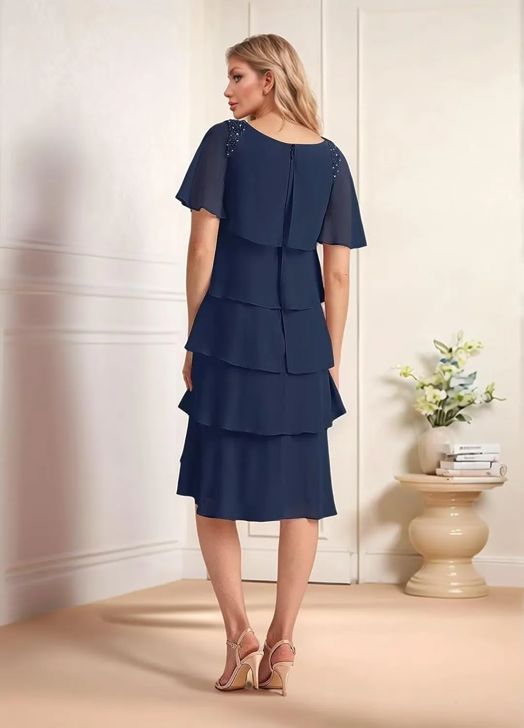 Ruffled Tiered Mother of The Bride Dresses for Women Chiffon Short Wedding Guest Dress with Sleeves