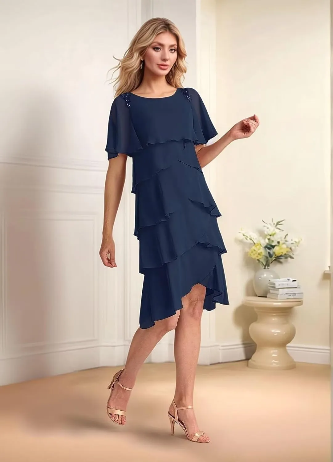 Ruffled Tiered Mother of The Bride Dresses for Women Chiffon Short Wedding Guest Dress with Sleeves