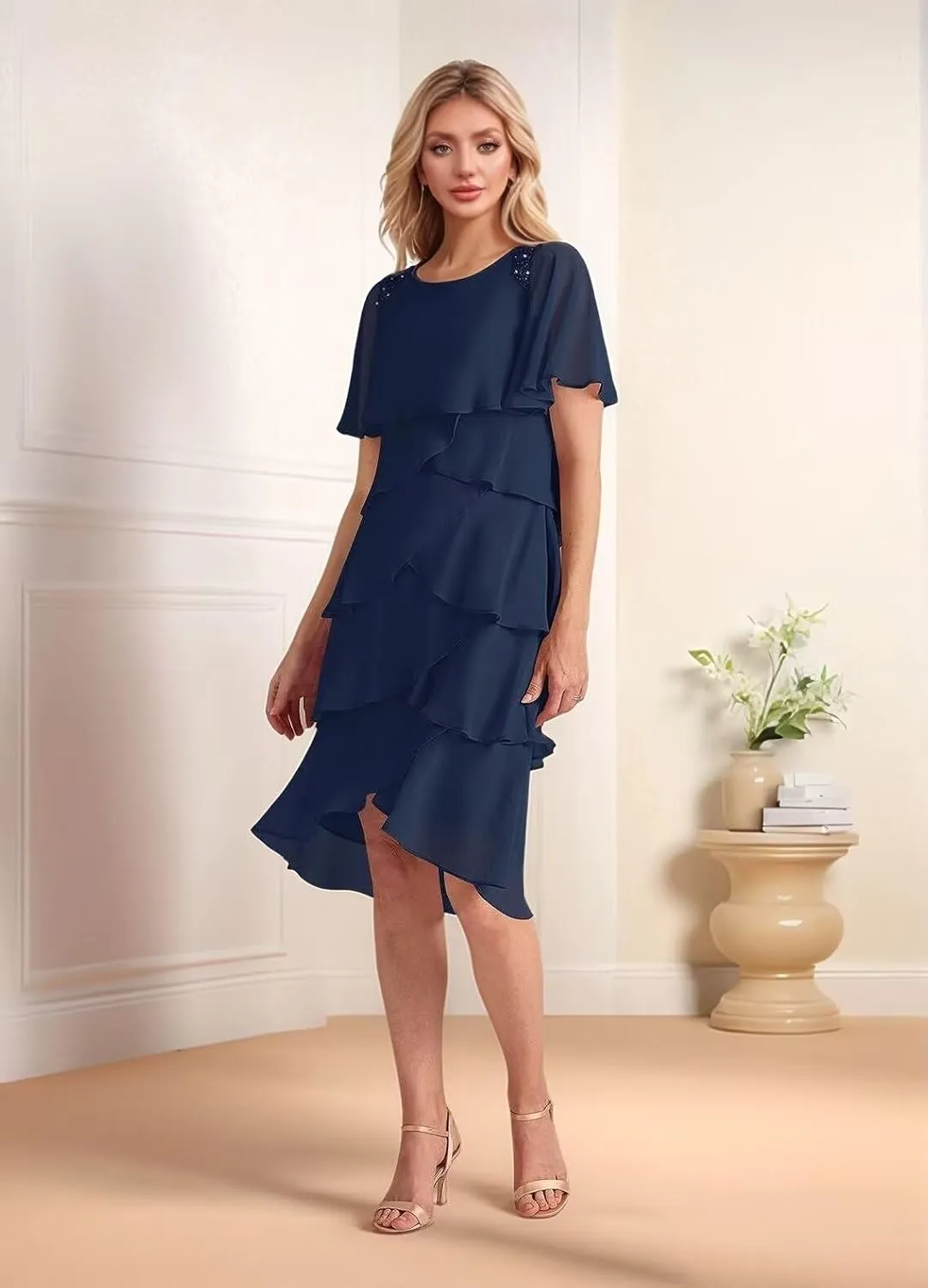 Ruffled Tiered Mother of The Bride Dresses for Women Chiffon Short Wedding Guest Dress with Sleeves