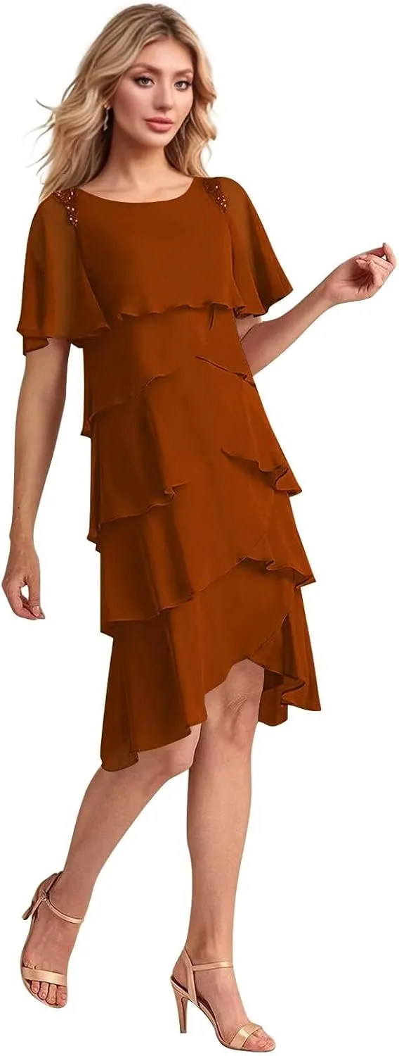Ruffled Tiered Mother of The Bride Dresses for Women Chiffon Short Wedding Guest Dress with Sleeves