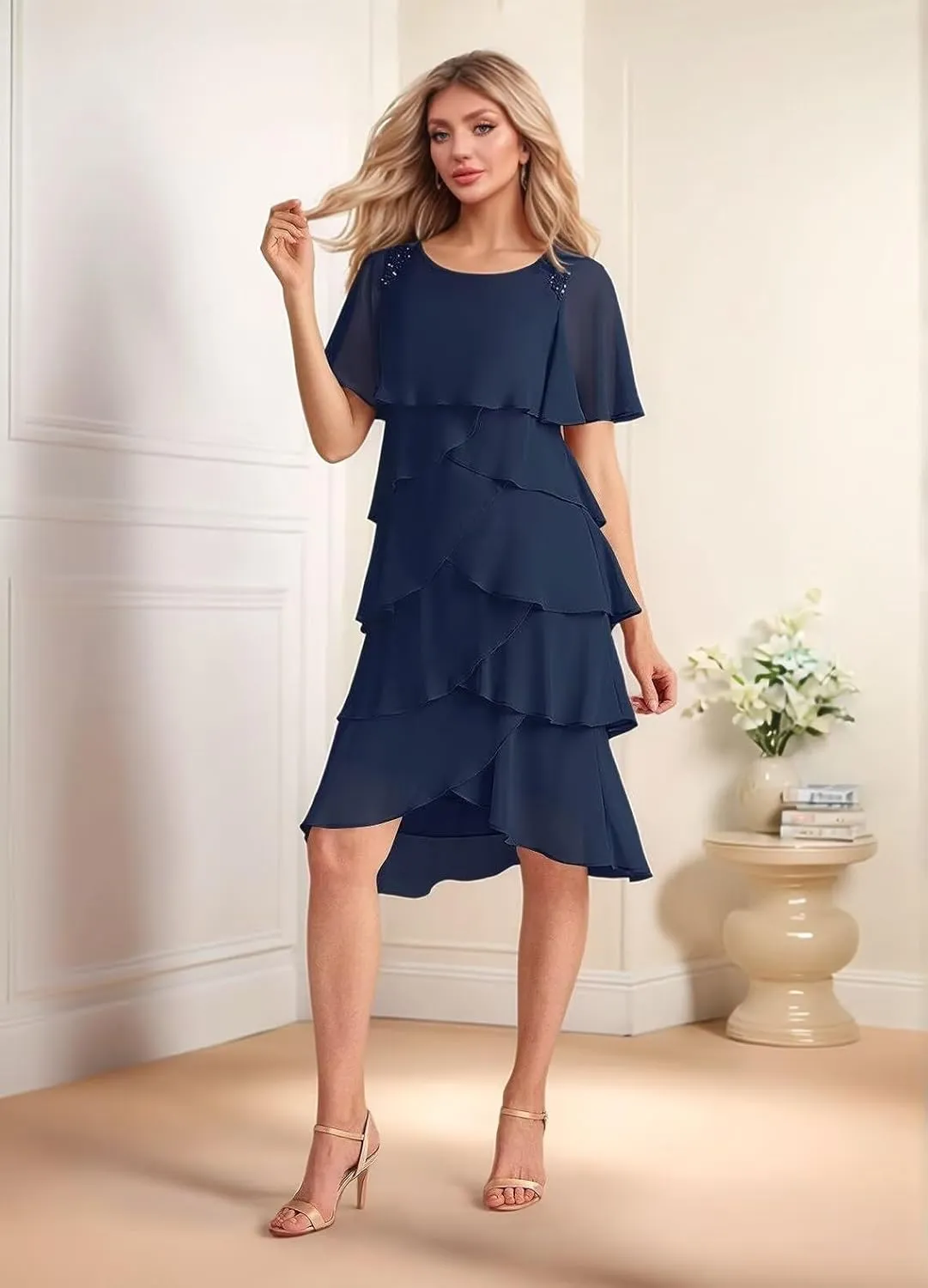 Ruffled Tiered Mother of The Bride Dresses for Women Chiffon Short Wedding Guest Dress with Sleeves