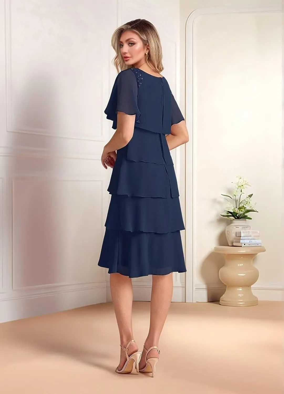 Ruffled Tiered Mother of The Bride Dresses for Women Chiffon Short Wedding Guest Dress with Sleeves