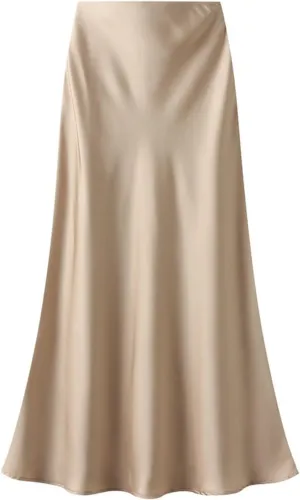 Satin Midi Skirts for Women High Waisted Elegant Dress Casual Spring Skirt Elastic Waist and Flowy A-Line Silhouette