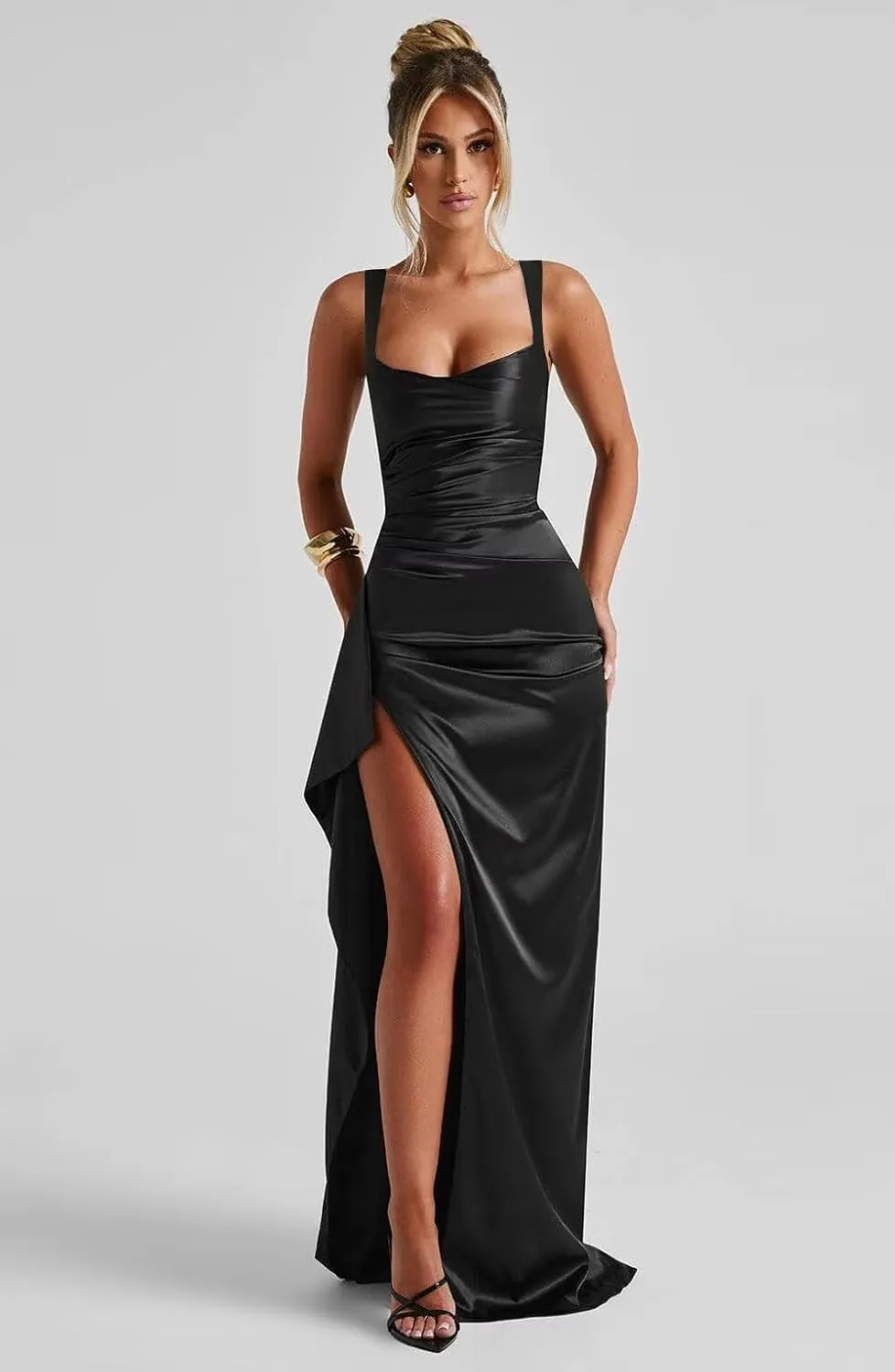 Satin Ruffle Prom Dresses Long for Women Spaghetti Straps Mermaid Slit Cocktail Dresses Formal Gowns for Teens