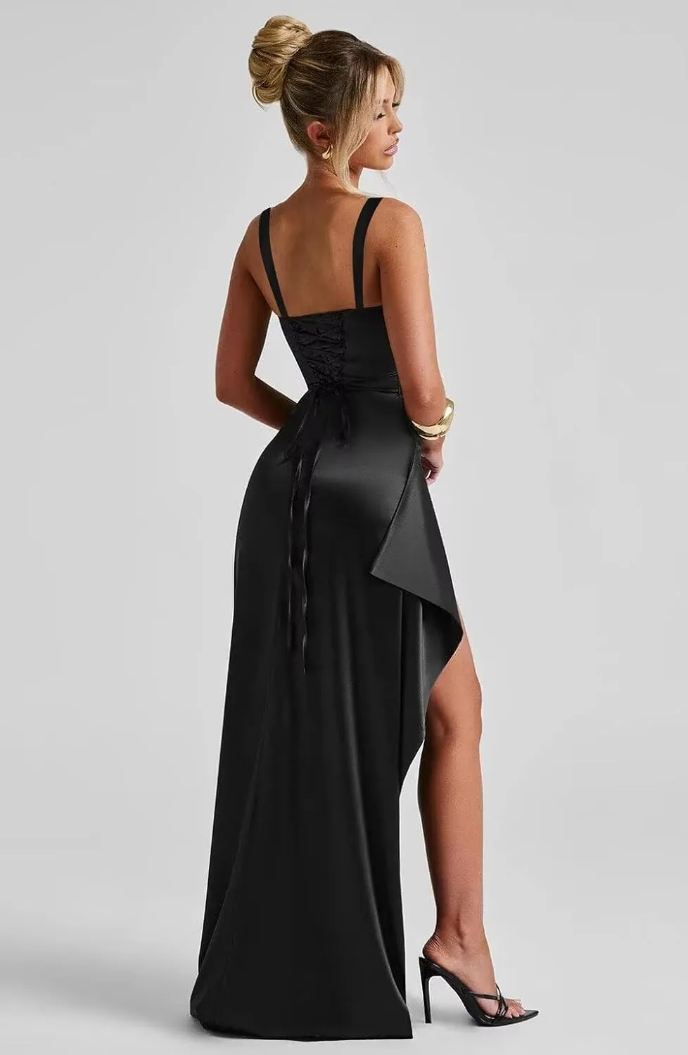 Satin Ruffle Prom Dresses Long for Women Spaghetti Straps Mermaid Slit Cocktail Dresses Formal Gowns for Teens