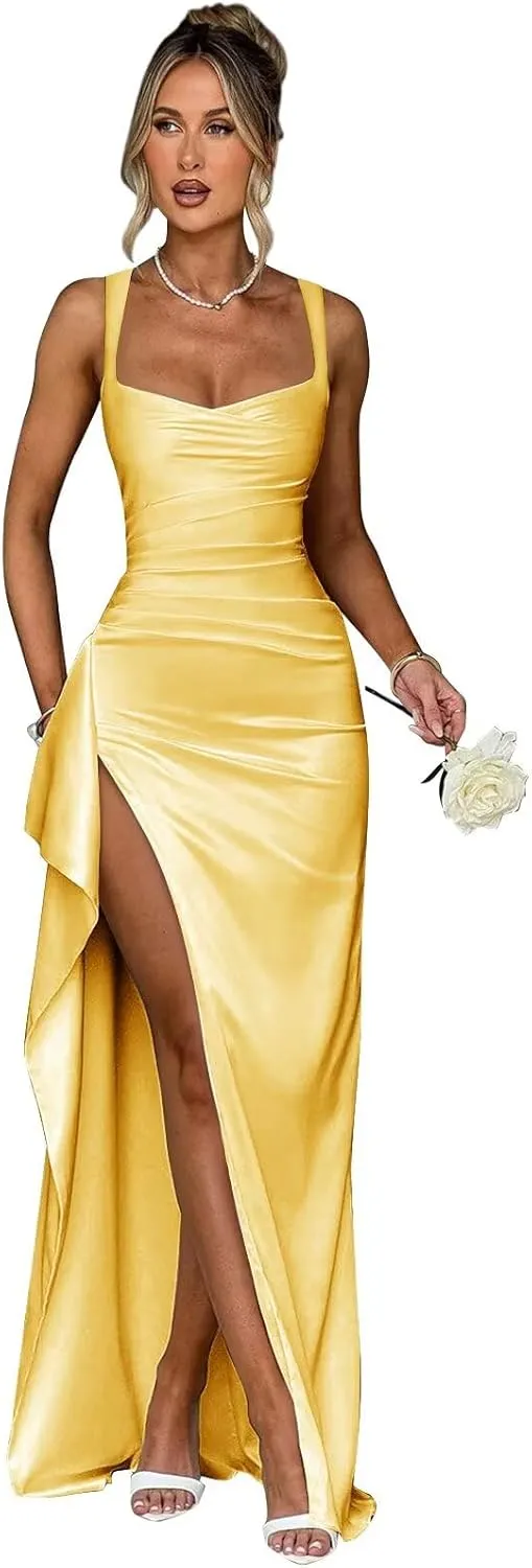 Satin Ruffle Prom Dresses Long for Women Spaghetti Straps Mermaid Slit Cocktail Dresses Formal Gowns for Teens