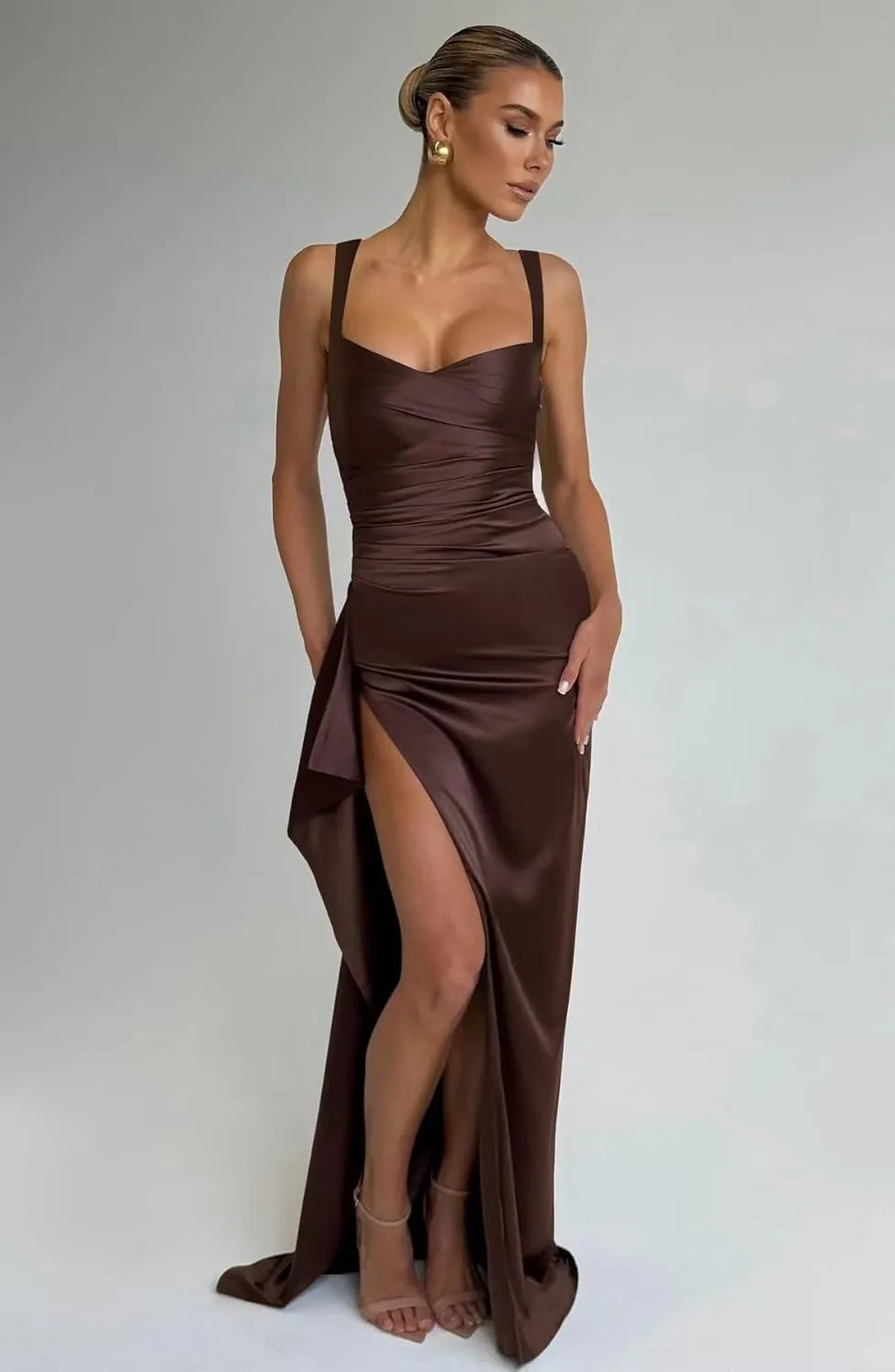 Satin Ruffle Prom Dresses Long for Women Spaghetti Straps Mermaid Slit Cocktail Dresses Formal Gowns for Teens