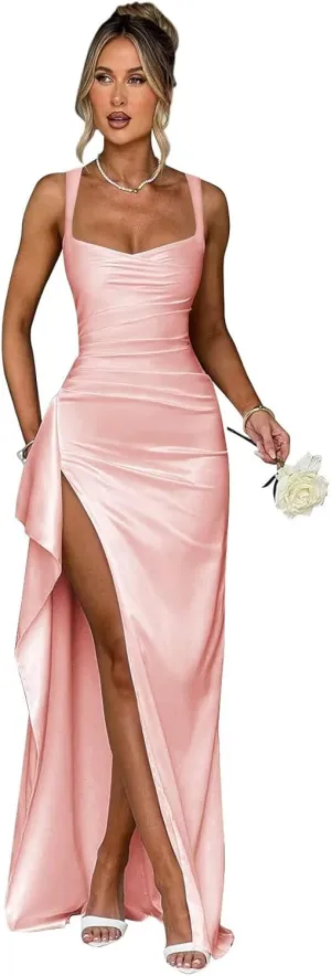 Satin Ruffle Prom Dresses Long for Women Spaghetti Straps Mermaid Slit Cocktail Dresses Formal Gowns for Teens