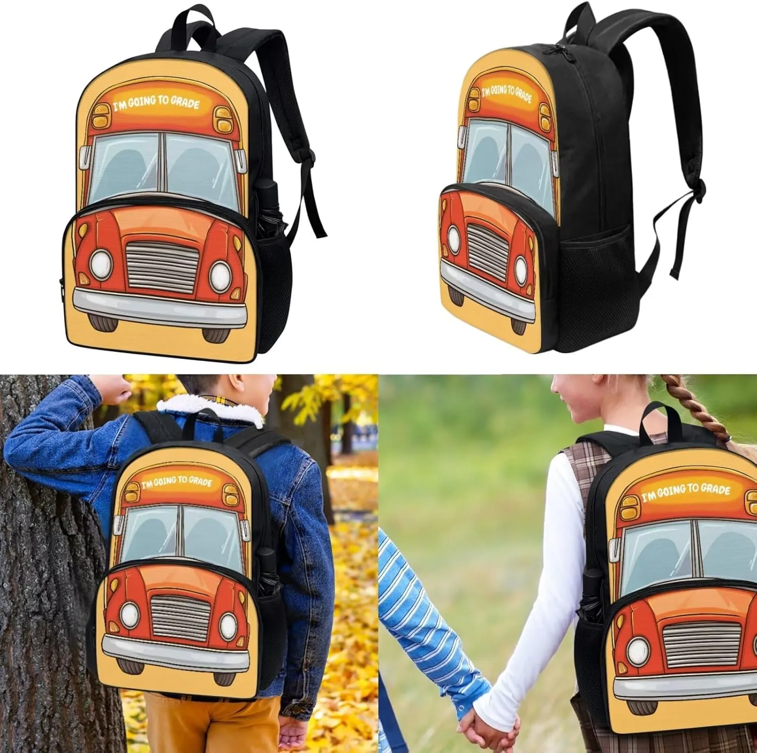 School Bus Backpack Lunch Bag and Pencil Case Set Kids Pencil Pouch Elementary School Backpack Thermal Insulated Lunch Bag with Zipper Pockets