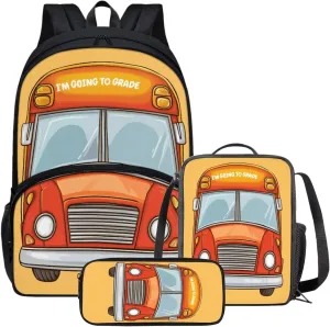 School Bus Backpack Lunch Bag and Pencil Case Set Kids Pencil Pouch Elementary School Backpack Thermal Insulated Lunch Bag with Zipper Pockets